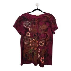 Vintage 90s Y2K Cactus Top Womens Large Burgundy Floral Bling Grunge Skater USA